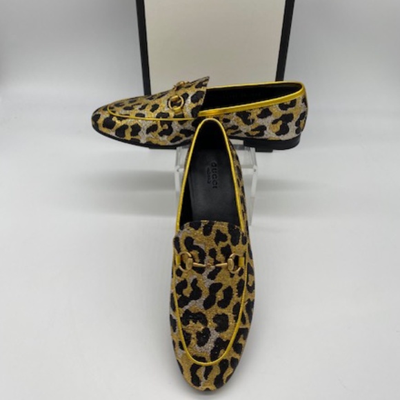 Gucci Jacquard Leopard Print Horsebit~Nappa Silk Jordaan Ladies Loafers~SZ 38~ - Picture 1 of 6